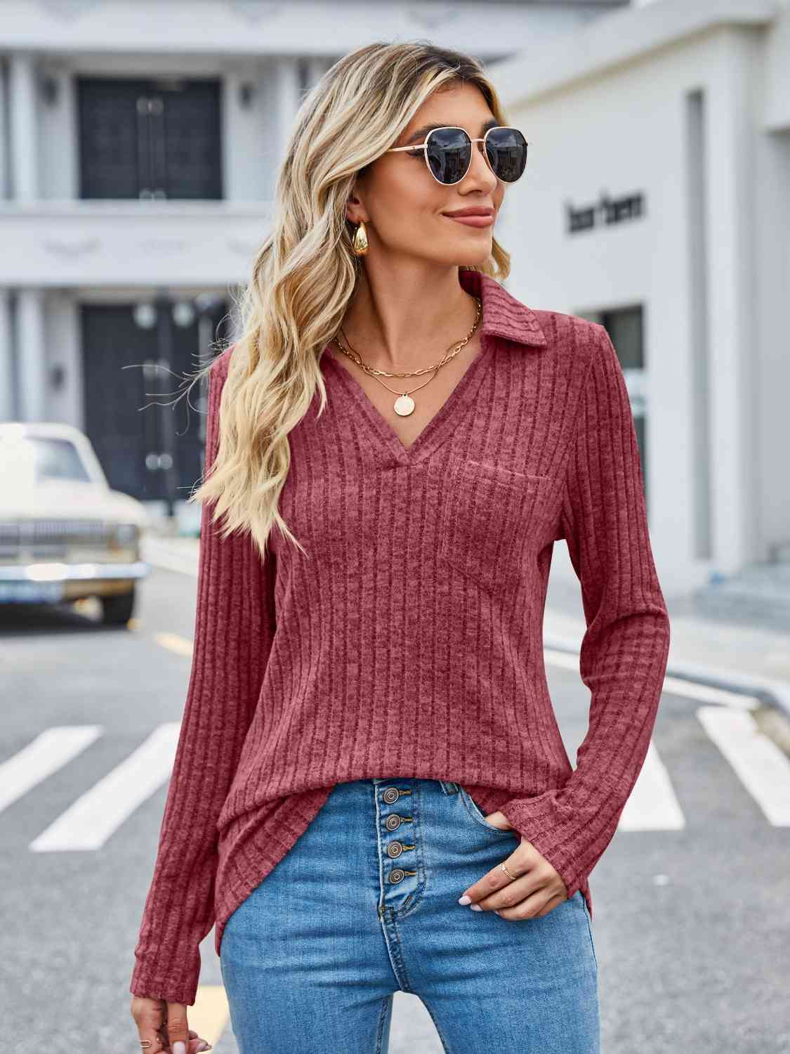 Ribbed Notched Long Sleeve T-Shirt with Pocket