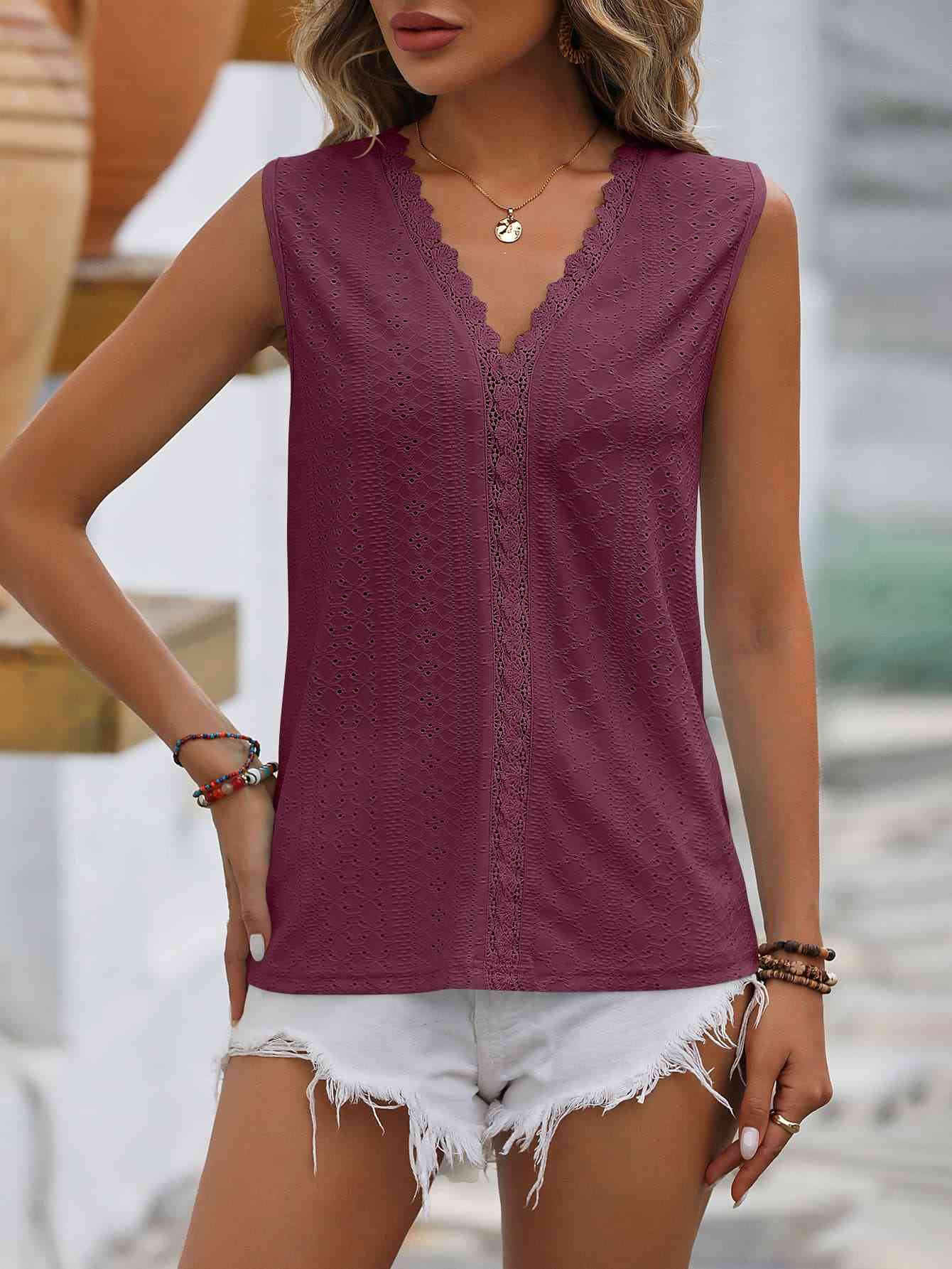 Spliced Lace V-Neck Sleeveless Tank