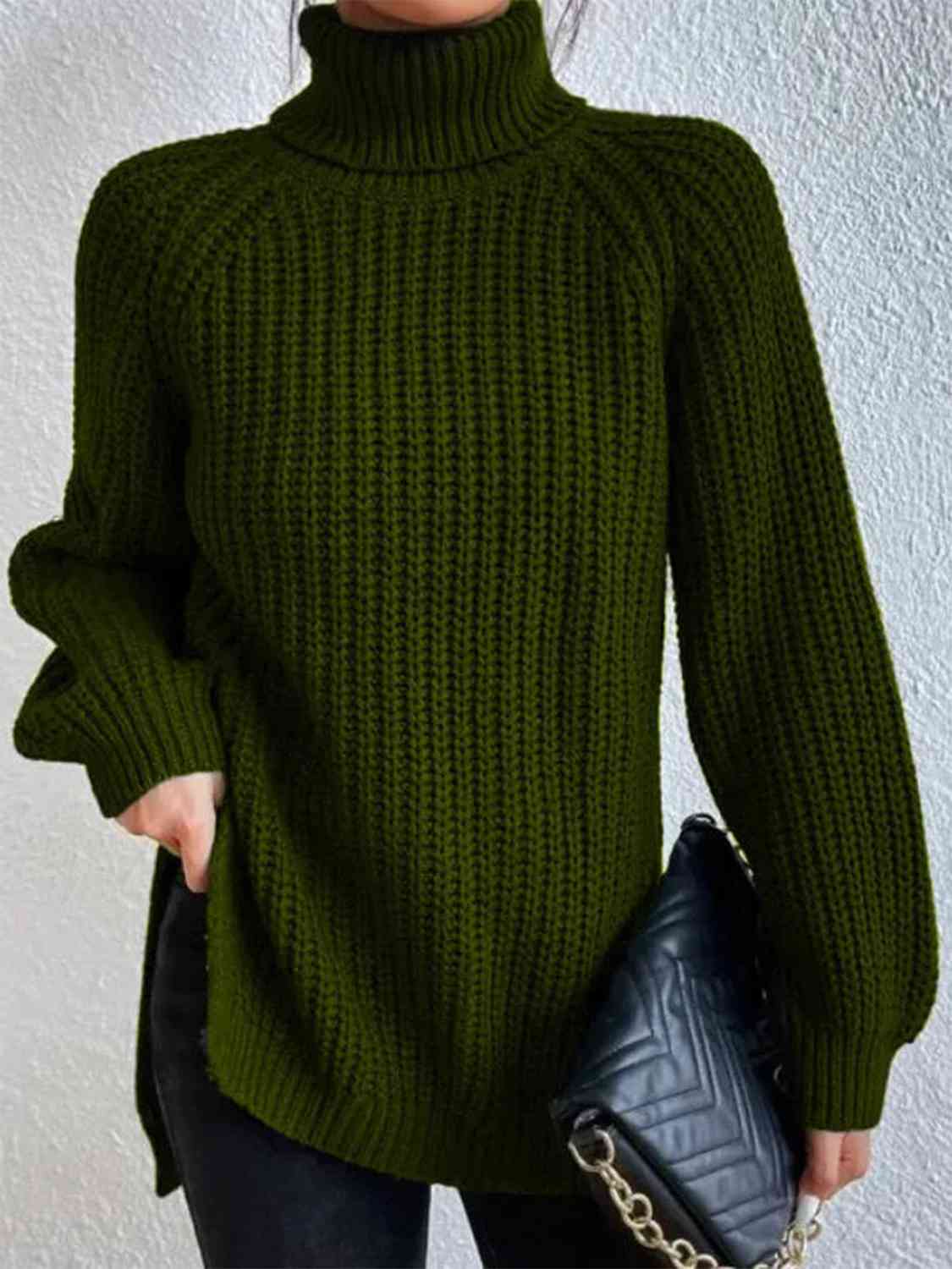Full Size Turtleneck Rib-Knit Slit Sweater - Create the impossible