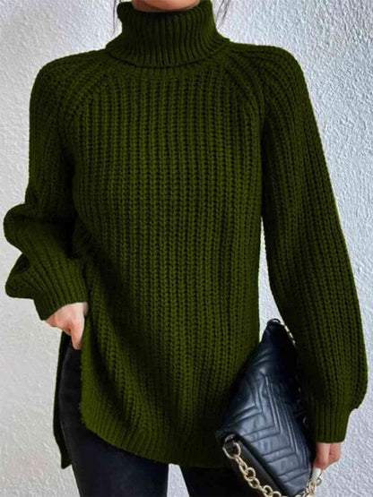 Full Size Turtleneck Rib-Knit Slit Sweater - Create the impossible