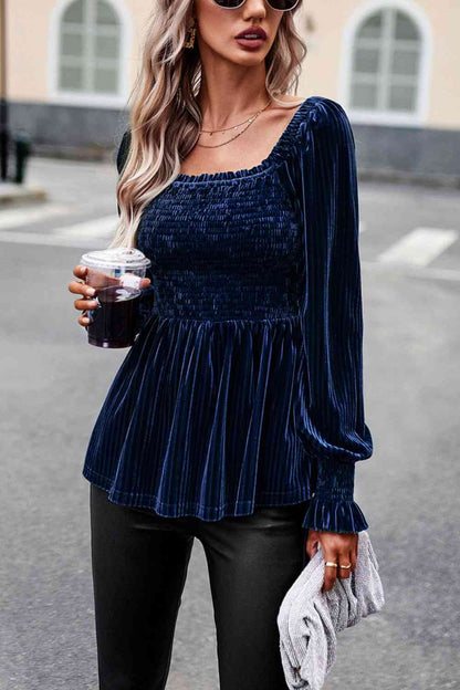Smocked Square Neck Long Sleeve Blouse - Create the impossible