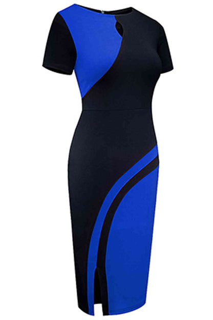 Two-Tone Round Neck Short Sleeve Slit Dress