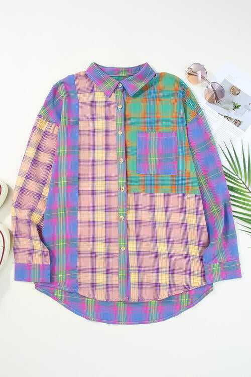 Contrast Plaid Pocketed Collared Neck Shirt