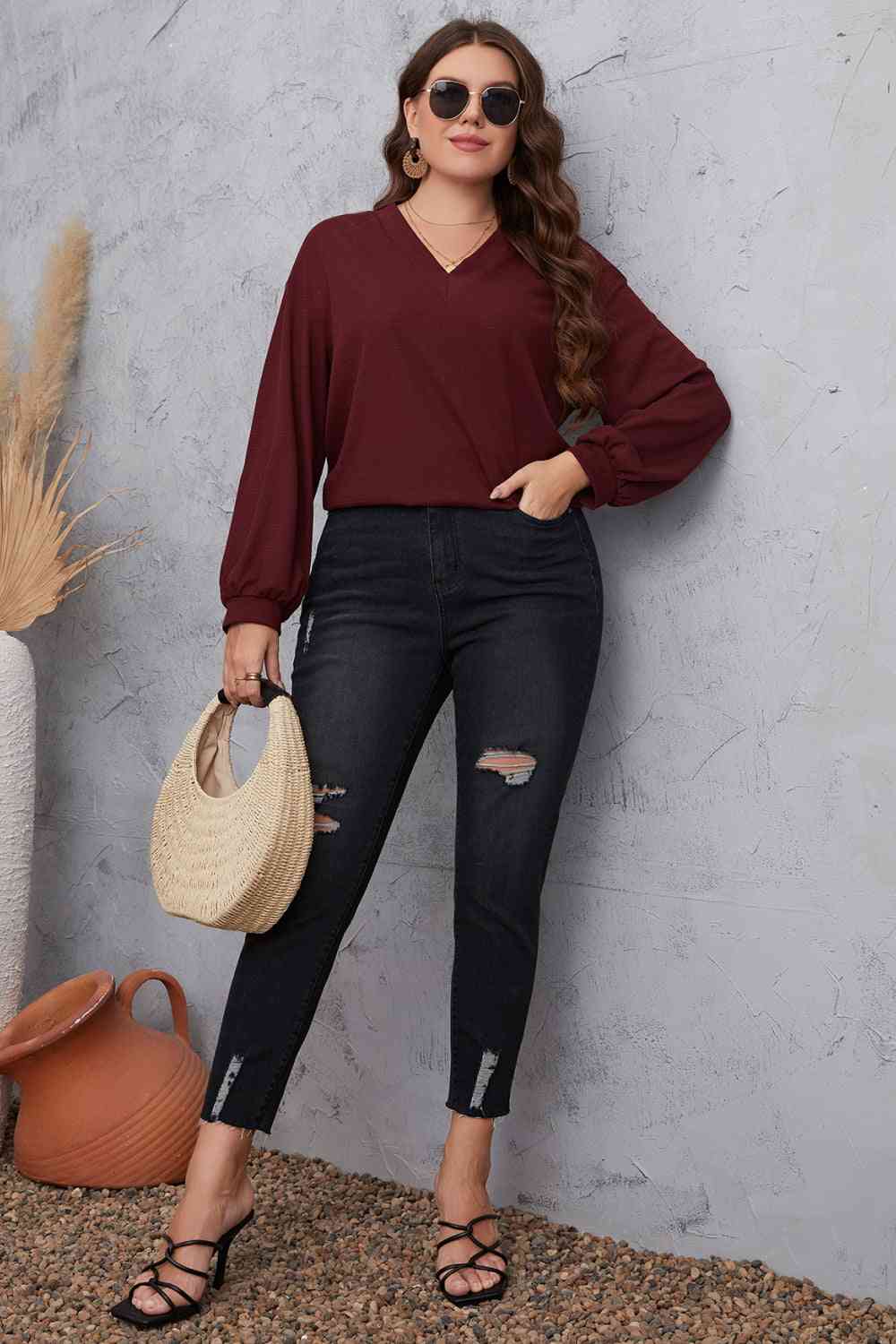 Melo Apparel Plus Size V-Neck Dropped Shoulder Blouse - Create the impossible