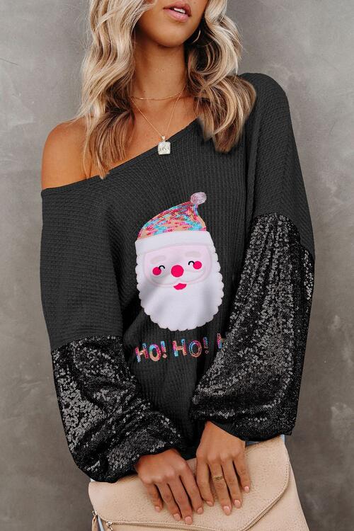 Waffle-Knit Santa Graphic Sequin Long Sleeve Blouse - Create the impossible