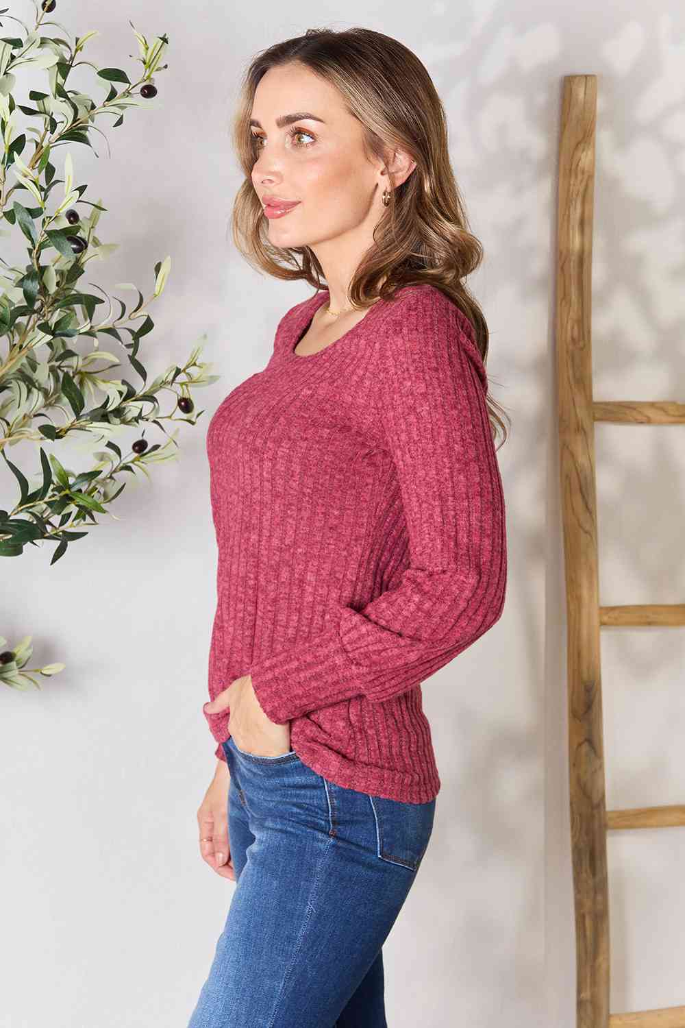 Double Take Ribbed Round Neck Lantern Sleeve Blouse - Create the impossible