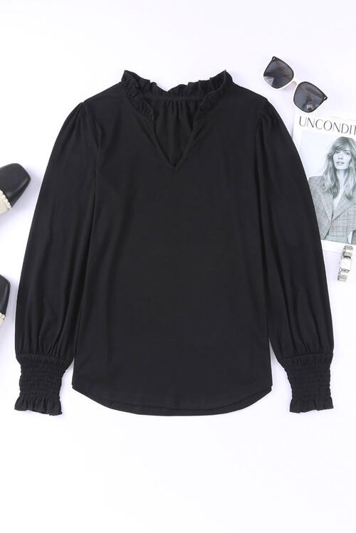 Frill Notched Neck Smocked Designed Long Sleeve Blouse - Create the impossible