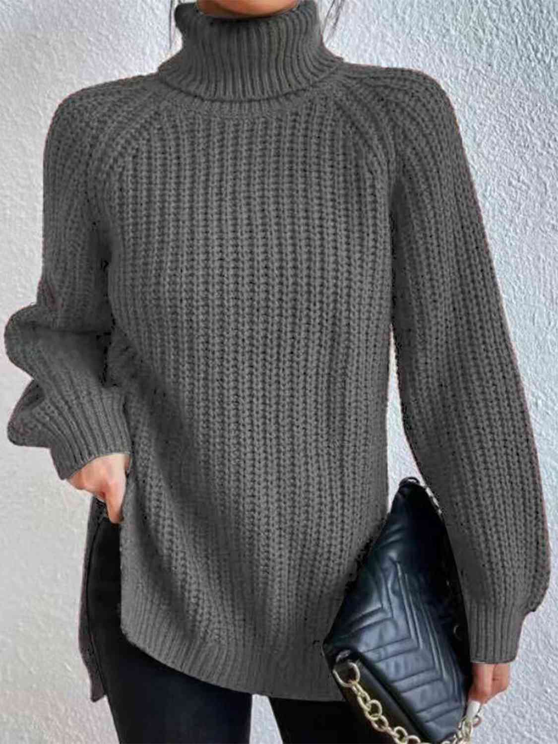 Full Size Turtleneck Rib-Knit Slit Sweater - Create the impossible