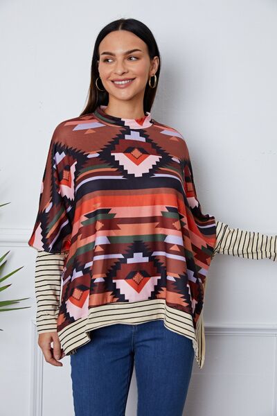 Geometric Striped Splicing Round Neck Blouse - Create the impossible