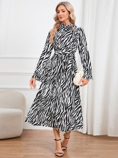 Animal Print Tie Front Ruffle Trim Dress