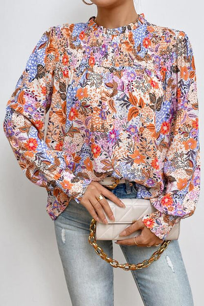 Multicolour Floral Print Sleeve Frilled Round Neck Blouse