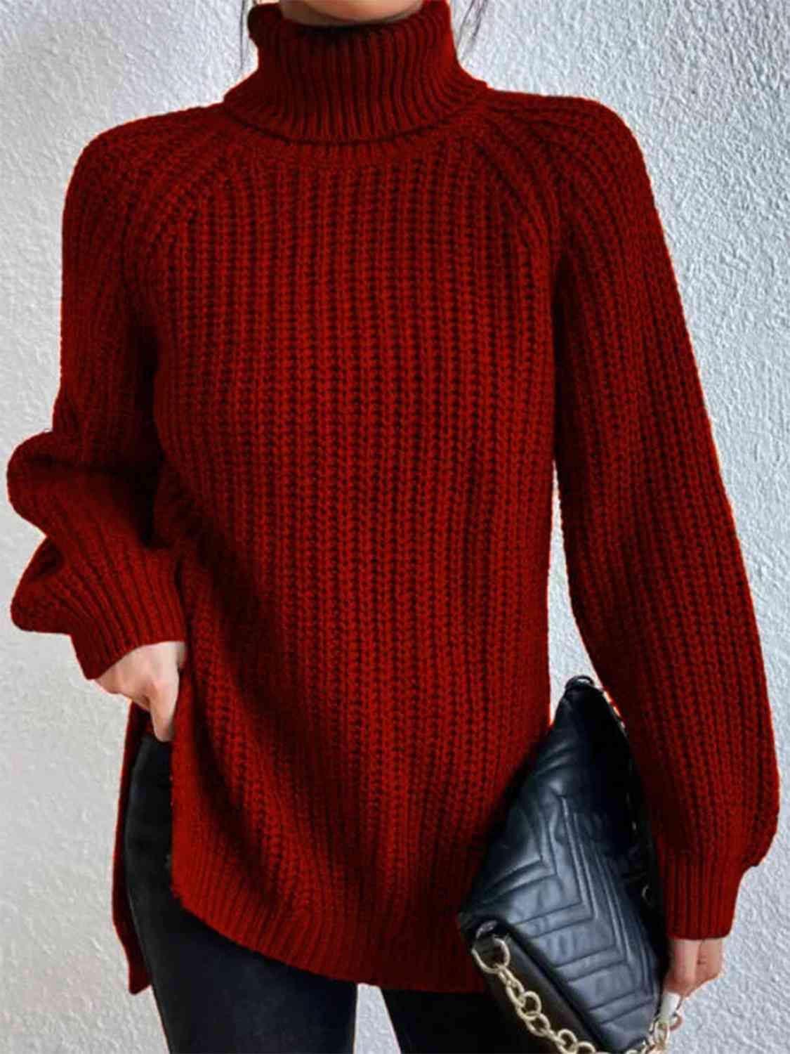 Full Size Turtleneck Rib-Knit Slit Sweater - Create the impossible
