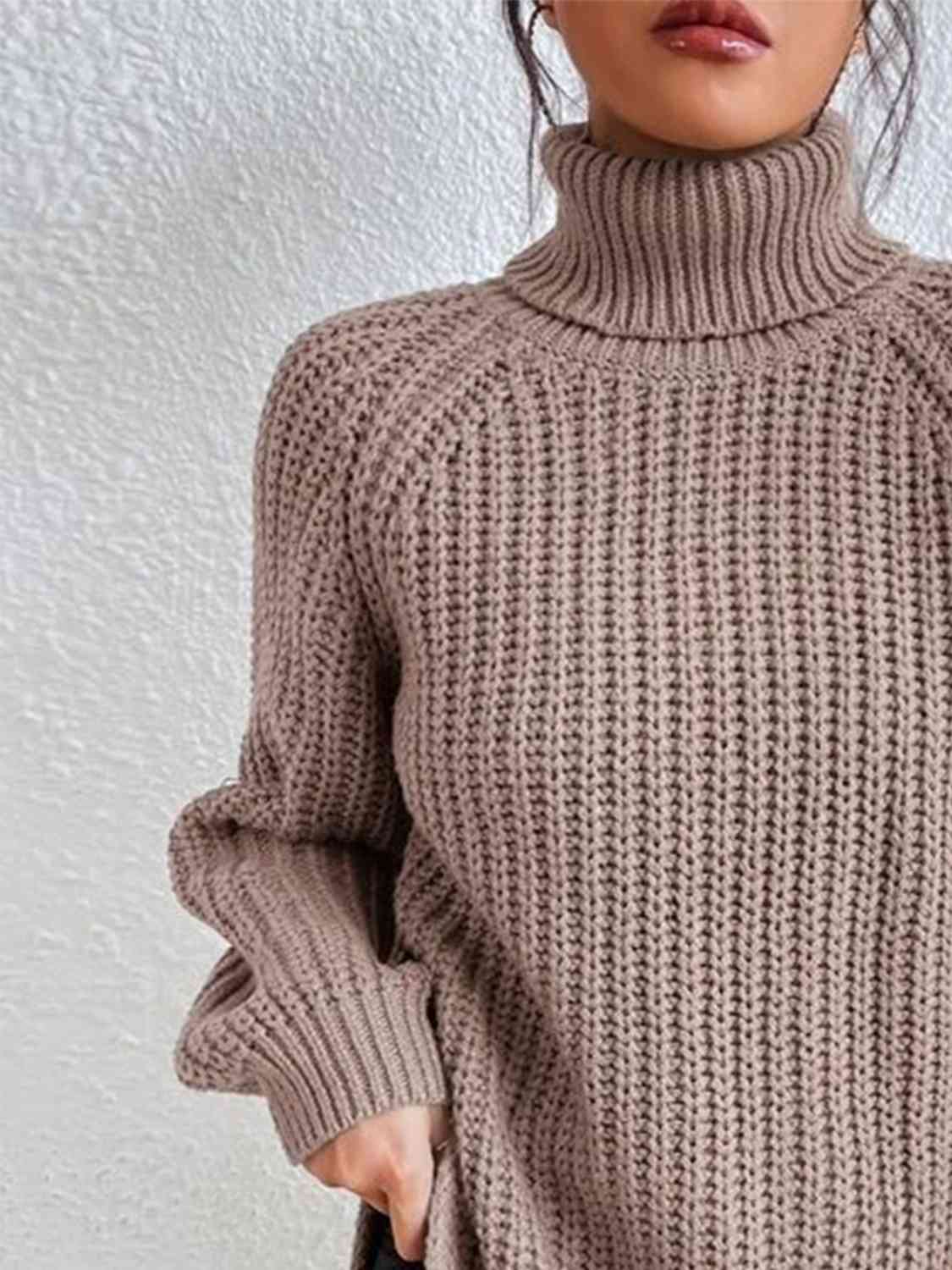 Full Size Turtleneck Rib-Knit Slit Sweater - Create the impossible