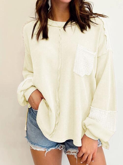 Waffle-Knit Exposed Seam Lantern Sleeve Blouse - Create the impossible