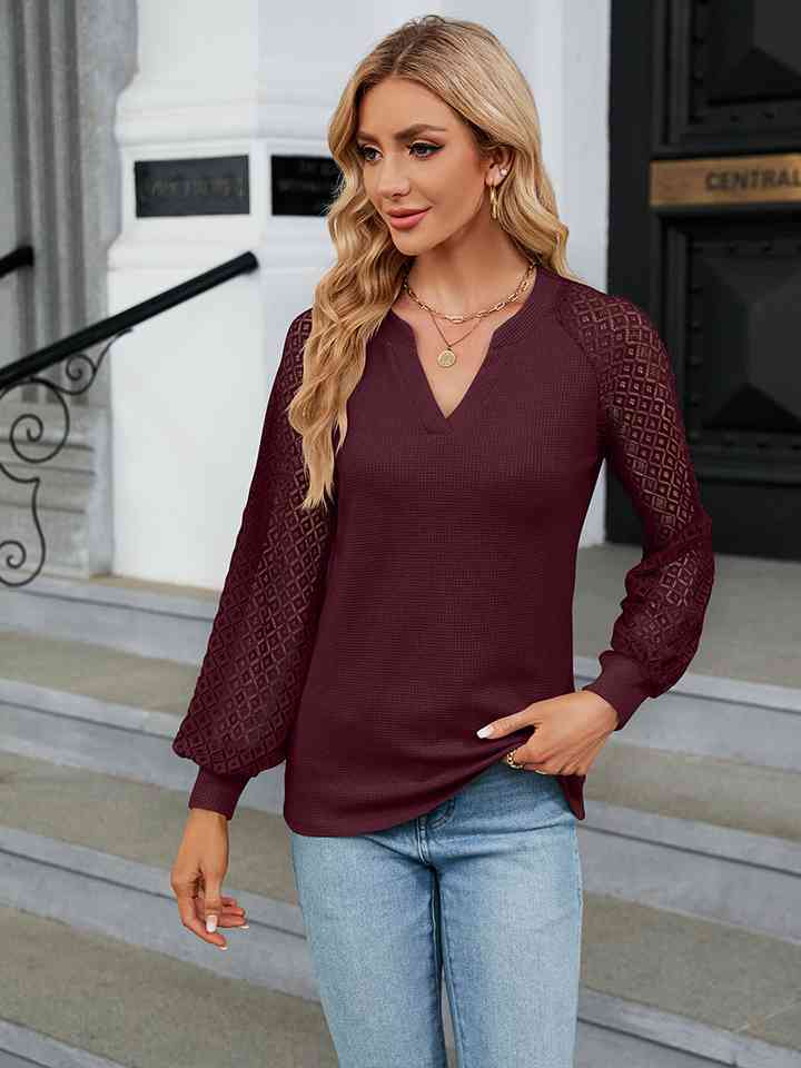 Notched Neck Raglan Sleeve Blouse - Create the impossible