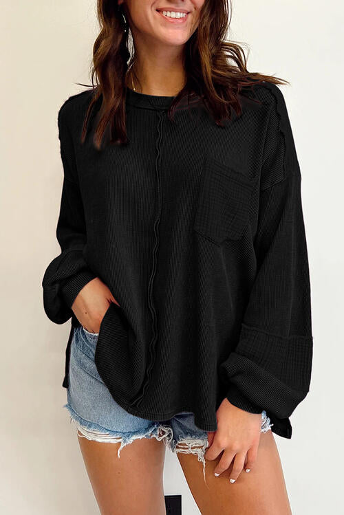 Waffle-Knit Exposed Seam Lantern Sleeve Blouse - Create the impossible