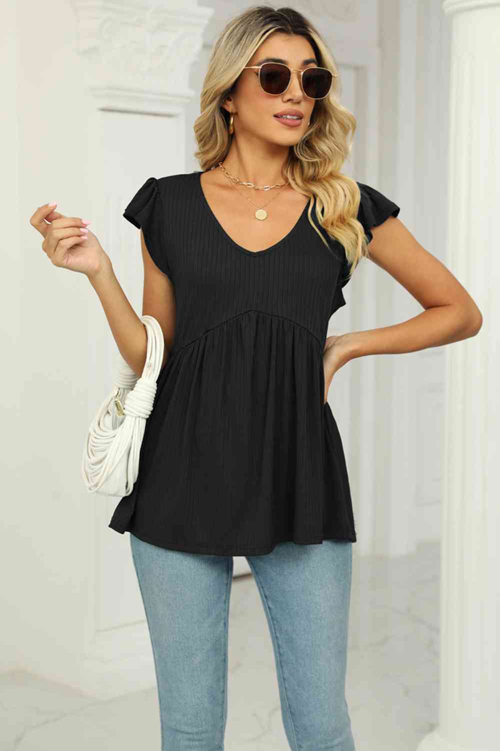 V-Neck Flutter Sleeve Babydoll Blouse - Create the impossible