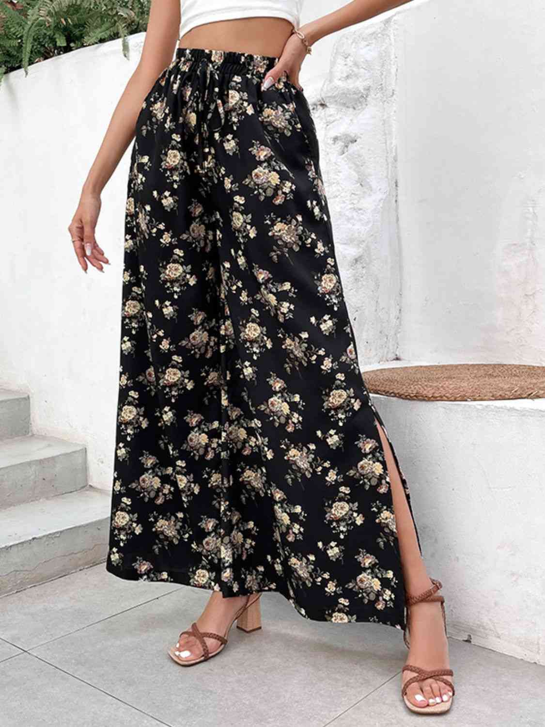 Floral Side Slit Wide Leg Pants