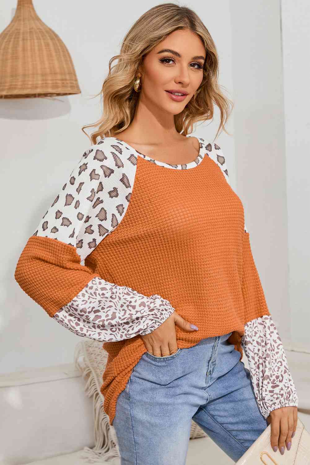 Leopard Waffle-Knit Long Sleeve Blouse - Create the impossible