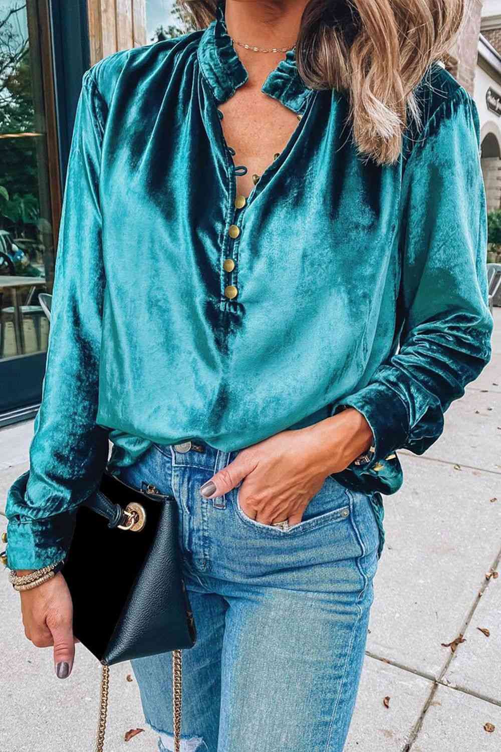 Notched Neck Buttoned Long Sleeve Velvet Blouse - Create the impossible