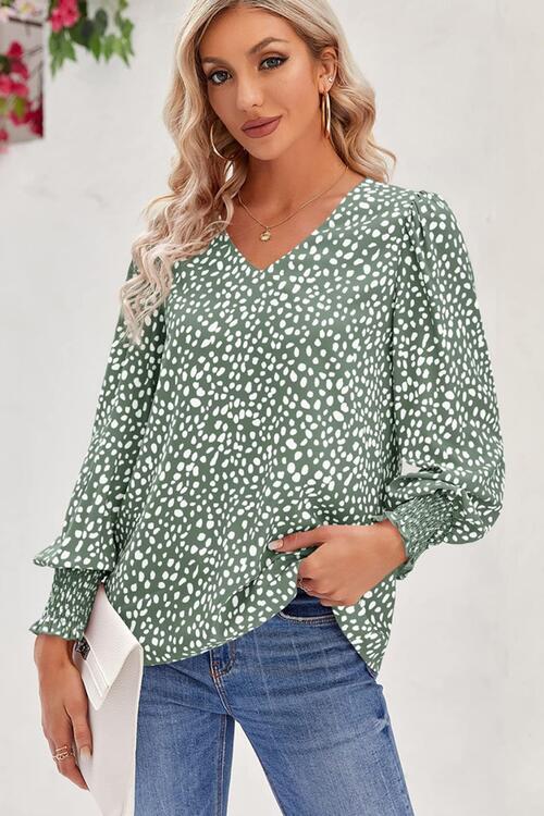 Printed V-Neck Smocked Lantern Sleeve Blouse