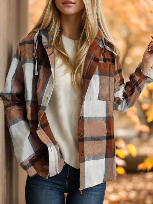 Plaid Button Up Drawstring Hooded Shirt