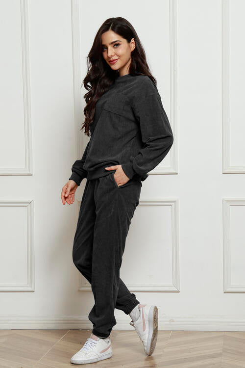 Corduroy Round Neck Sweatshirt and Sweatpants Set - Create the impossible