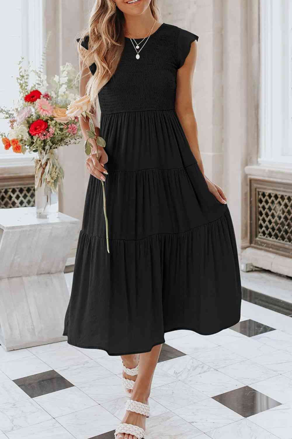 Round Neck Short Sleeve Tiered Midi Dress