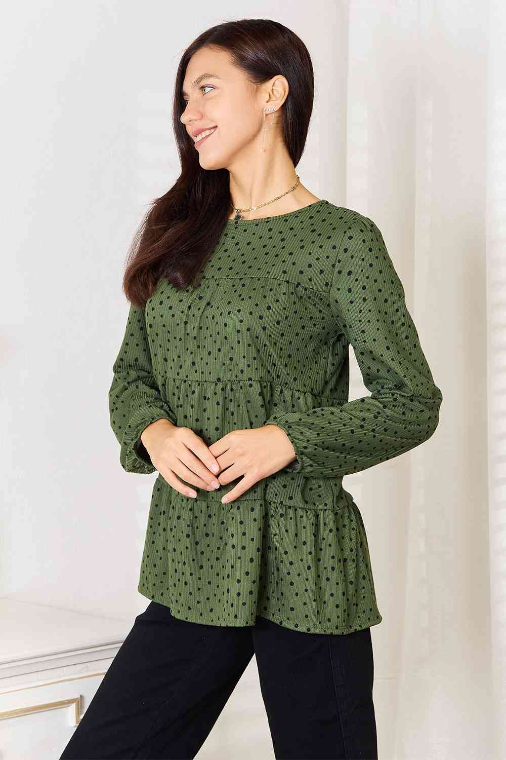 Heimish Full Size Long Puff Sleeve Polka Tiered Top