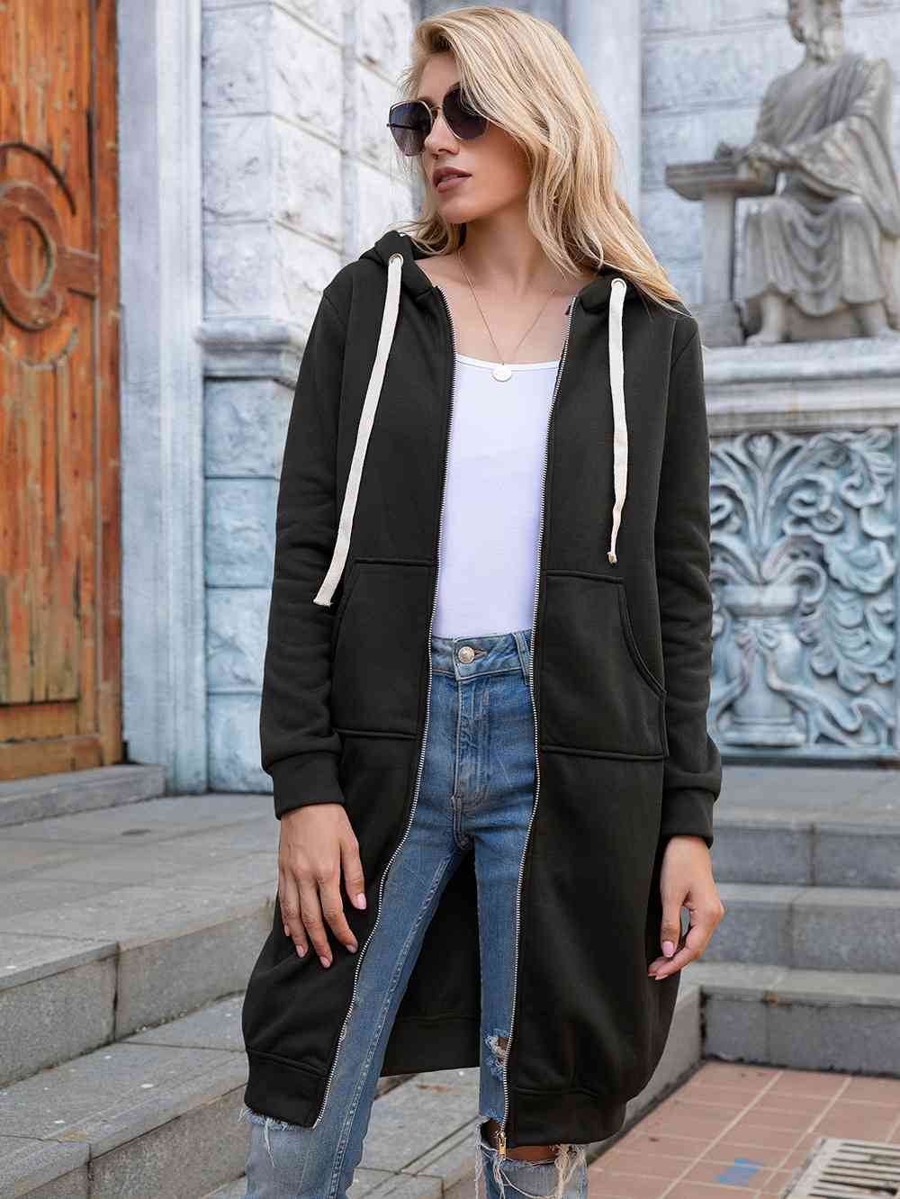 Zip-Up Longline Hoodie with Pockets - Create the impossible