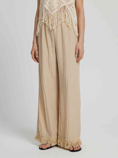 Fringe Hem Wide Leg Long Pants