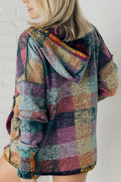 Multicolor Brushed Plaid Buttoned Pullover Oversized Hoodie - Create the impossible