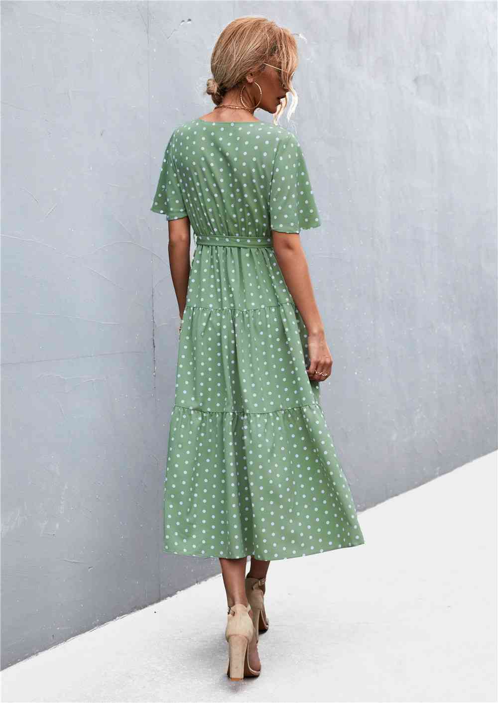 Printed V-Neck Flutter Sleeve Belted Dress - Create the impossible