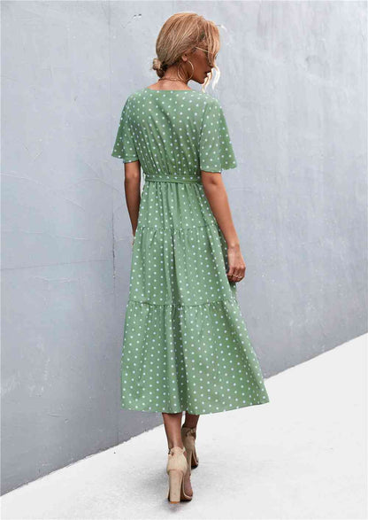Printed V-Neck Flutter Sleeve Belted Dress - Create the impossible