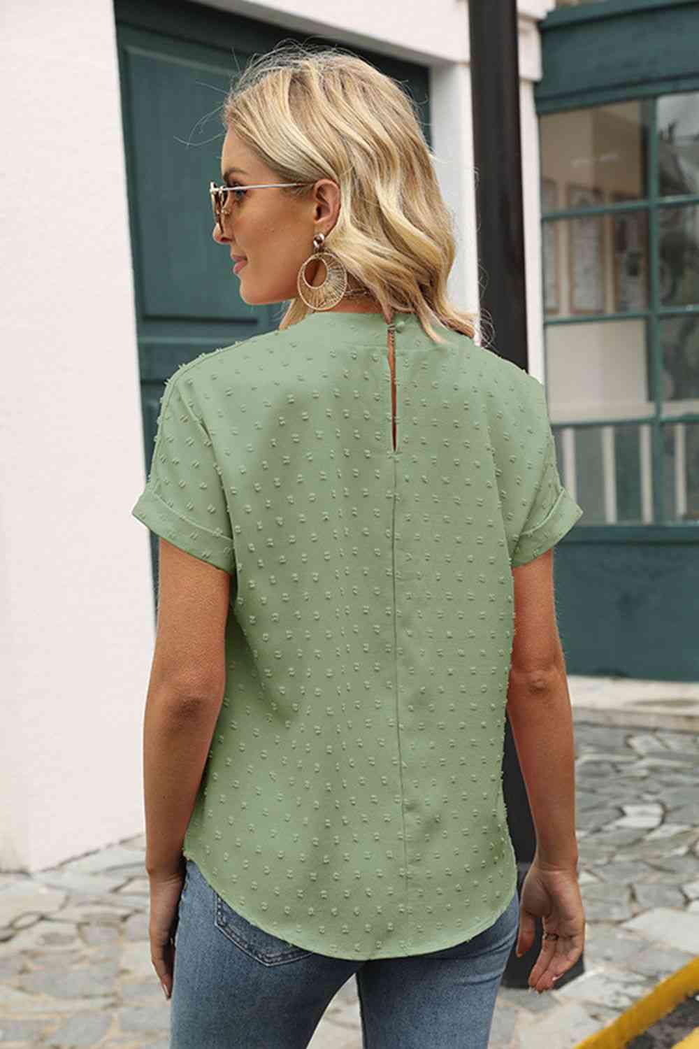 Swiss Dot Round Neck Short Sleeve Blouse - Create the impossible