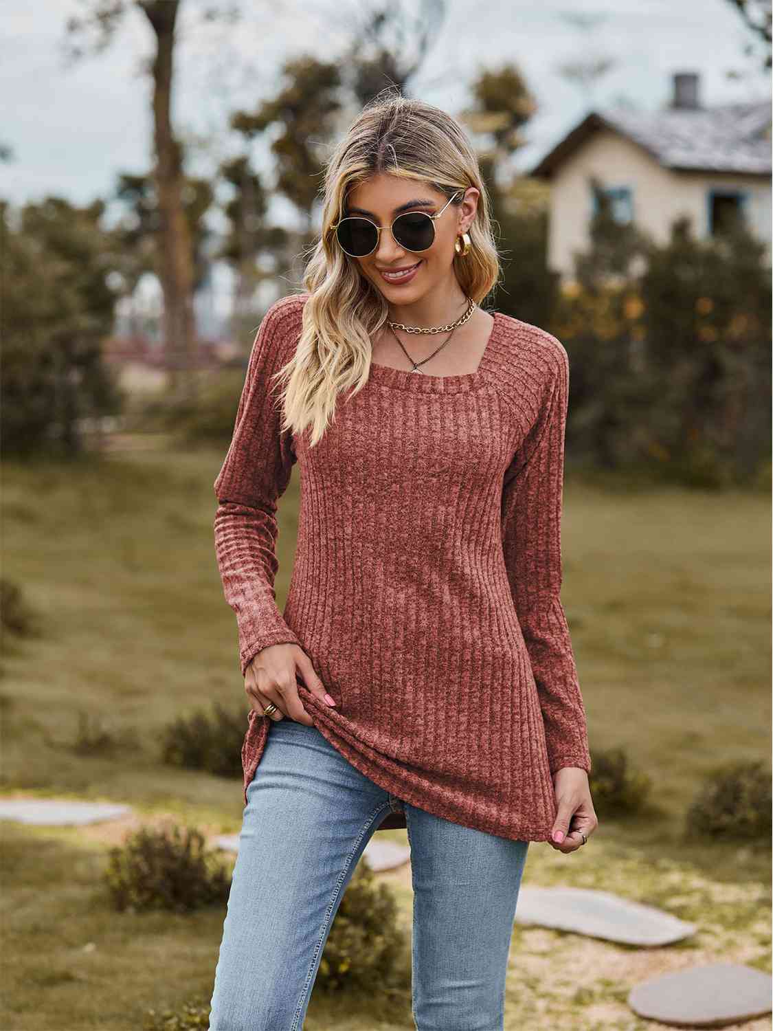 Full Size Ribbed Square Neck Long Sleeve T-Shirt