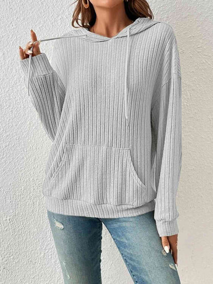 Ribbed Dropped Shoulder Drawstring Hoodie - Create the impossible