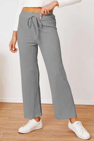 Textured Elastic Waist Straight Pants