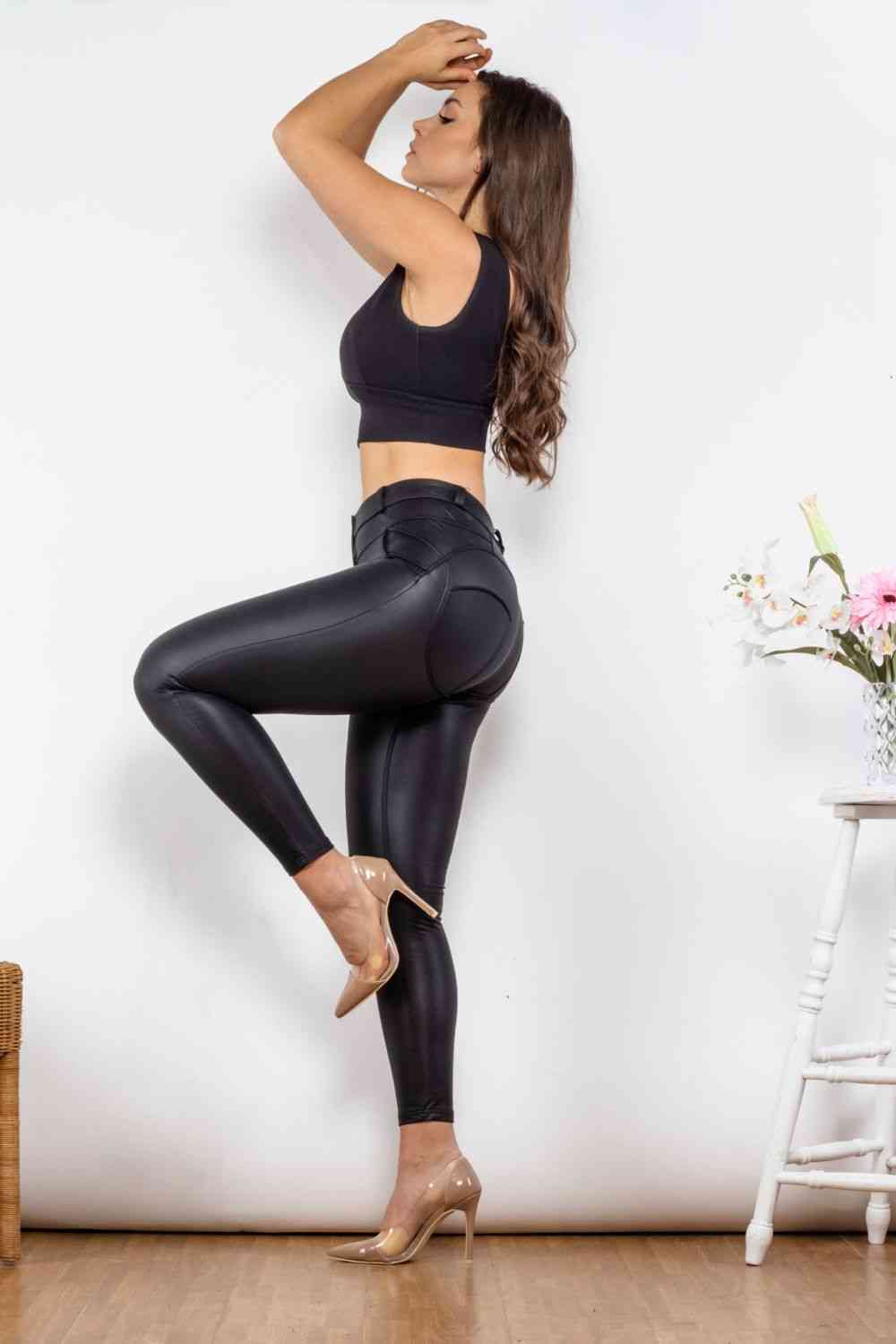 Full Size PU Leather Buttoned Leggings