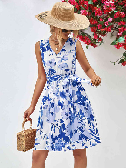 Floral V-Neck Tie Waist Sleeveless Dress