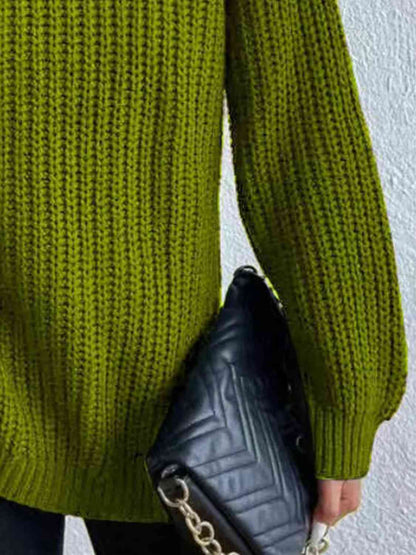 Full Size Turtleneck Rib-Knit Slit Sweater - Create the impossible