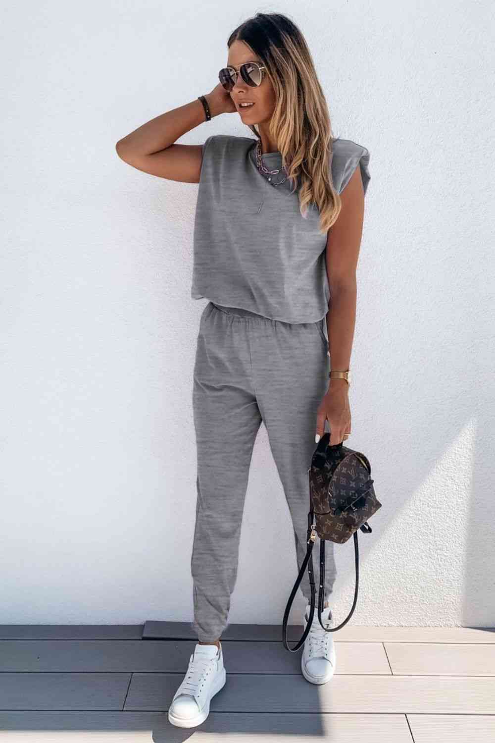 Padded Shoulder Top and Joggers Lounge Set