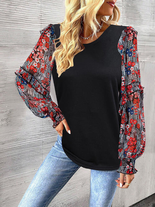 Round Neck Contrasting Color Printed Lantern Sleeve Top