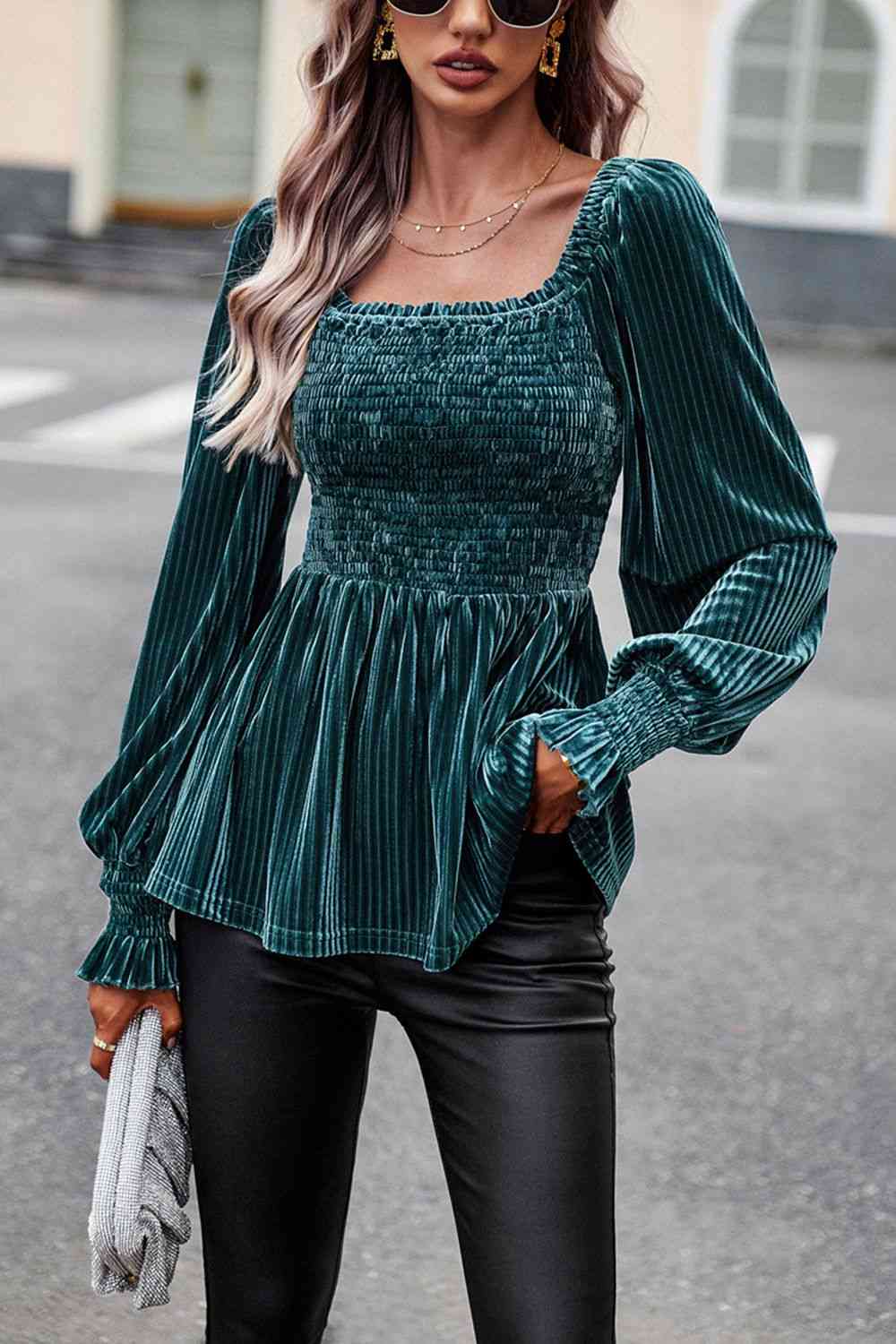 Smocked Square Neck Long Sleeve Blouse - Create the impossible