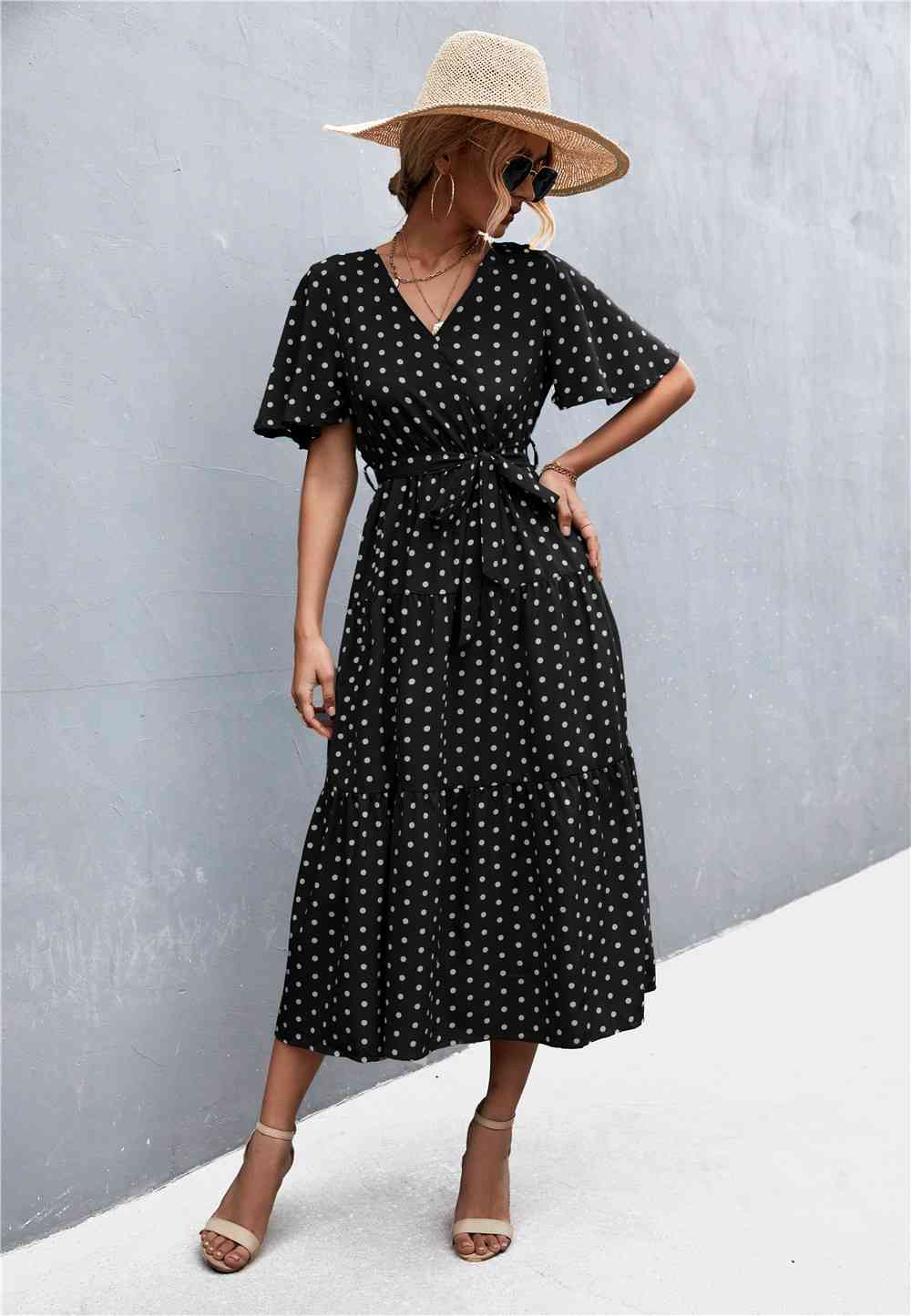Printed V-Neck Flutter Sleeve Belted Dress - Create the impossible