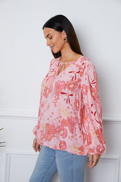 Floral Smocked Tassel Tie Balloon Sleeve Blouse - Create the impossible