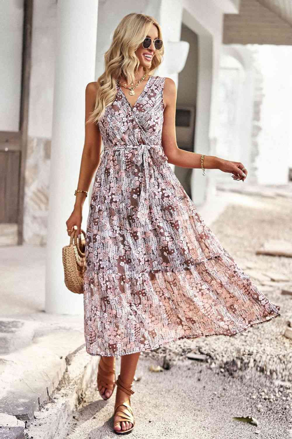 Floral Belted Surplice Sleeveless Tiered Dress