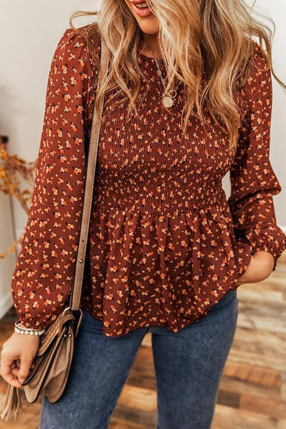 Floral Smocked Ruffle Hem Long Sleeve Blouse - Create the impossible