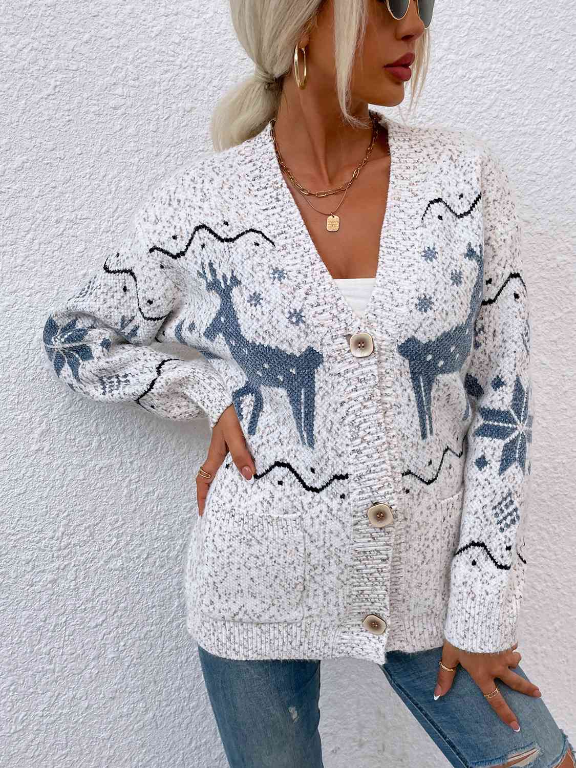 Reindeer Button Down Cardigan with Pockets