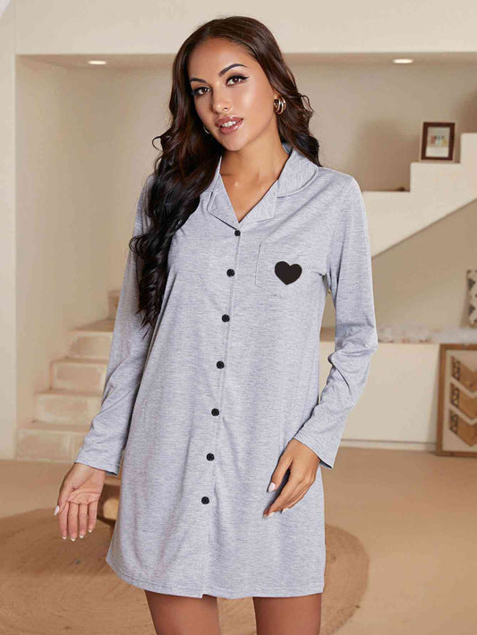 Heart Graphic Lapel Collar Long Sleeve Night Dress